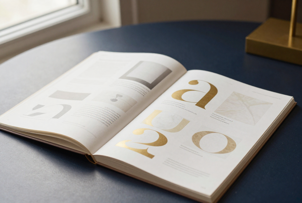 Revista/brand book aberto com tipografia dourada abstrata sobre mesa navy
