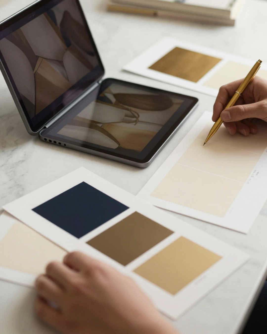 Mesa de design com tablet mostrando paleta de cores e provas impressas